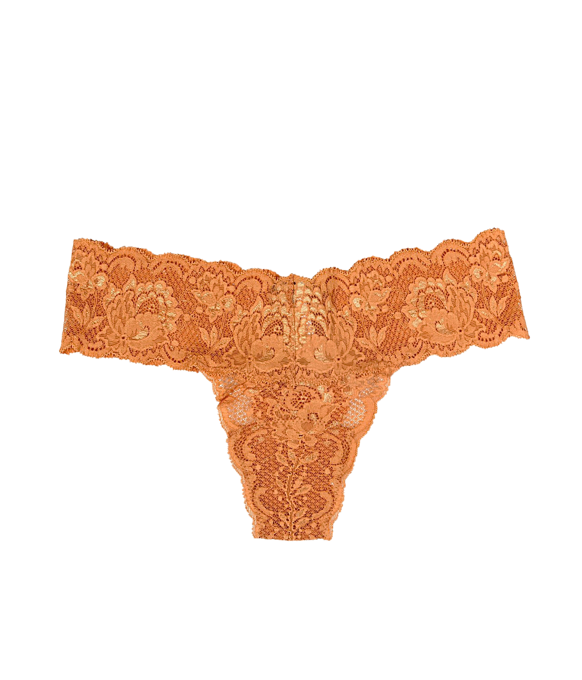 Image of a scalloped lace orange thong featuring wide stretch waist band, minimal rear coverage and cotton lined . 