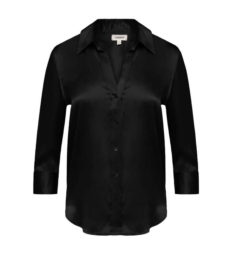 Image of a classic button-down blouse in black, with curved hem, three-quarter-length sleeves, silk, button down detail. Bra friendly, work ware, everyday, throw on and go, bracelet sleeve, made in USA. 