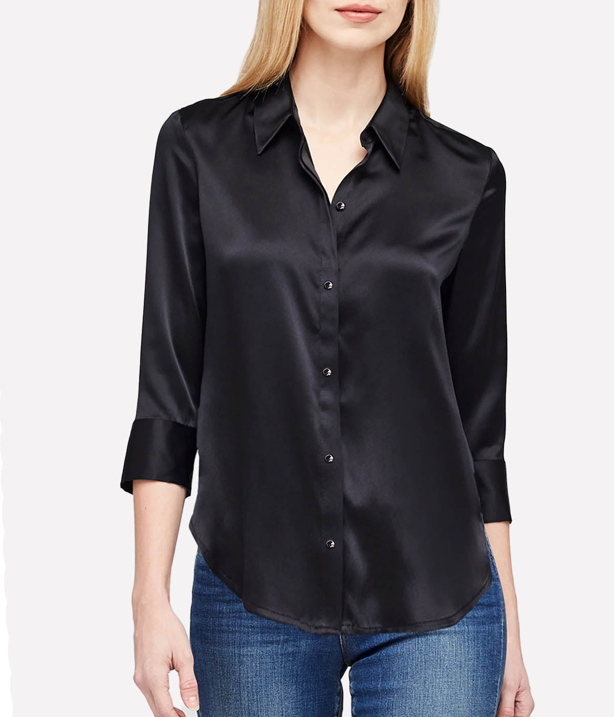 ALT text: Black silk charmeuse blouse with open collar, curved hem, and three-quarter sleeves