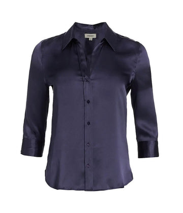 Image of a classic button-down blouse in navy, with curved hem, three-quarter-length sleeves, silk, button down detail. Bra friendly, workwear, everyday, throw on and go, made in USA. 