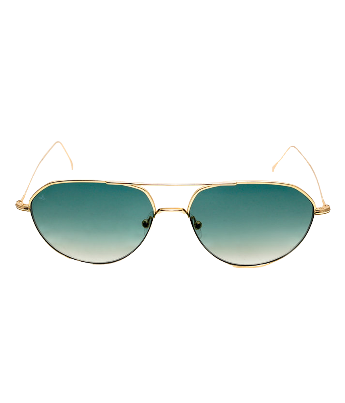 Image of a double bridge modern aviator shape, with gold thin metal frame and emerald green gradient lenses. 