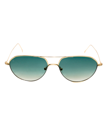 Image of a double bridge modern aviator shape, with gold thin metal frame and emerald green gradient lenses. 