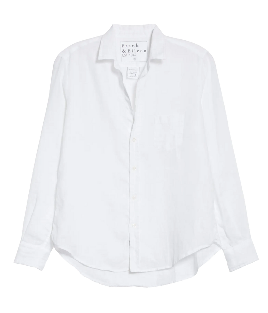 A classic white linen button down in a white colourway, with collar detailing and front button down detail. Boyfriend white shirt, everyday basic, classic white shirt, 100% linen, ,made in USA, bra friendly. 