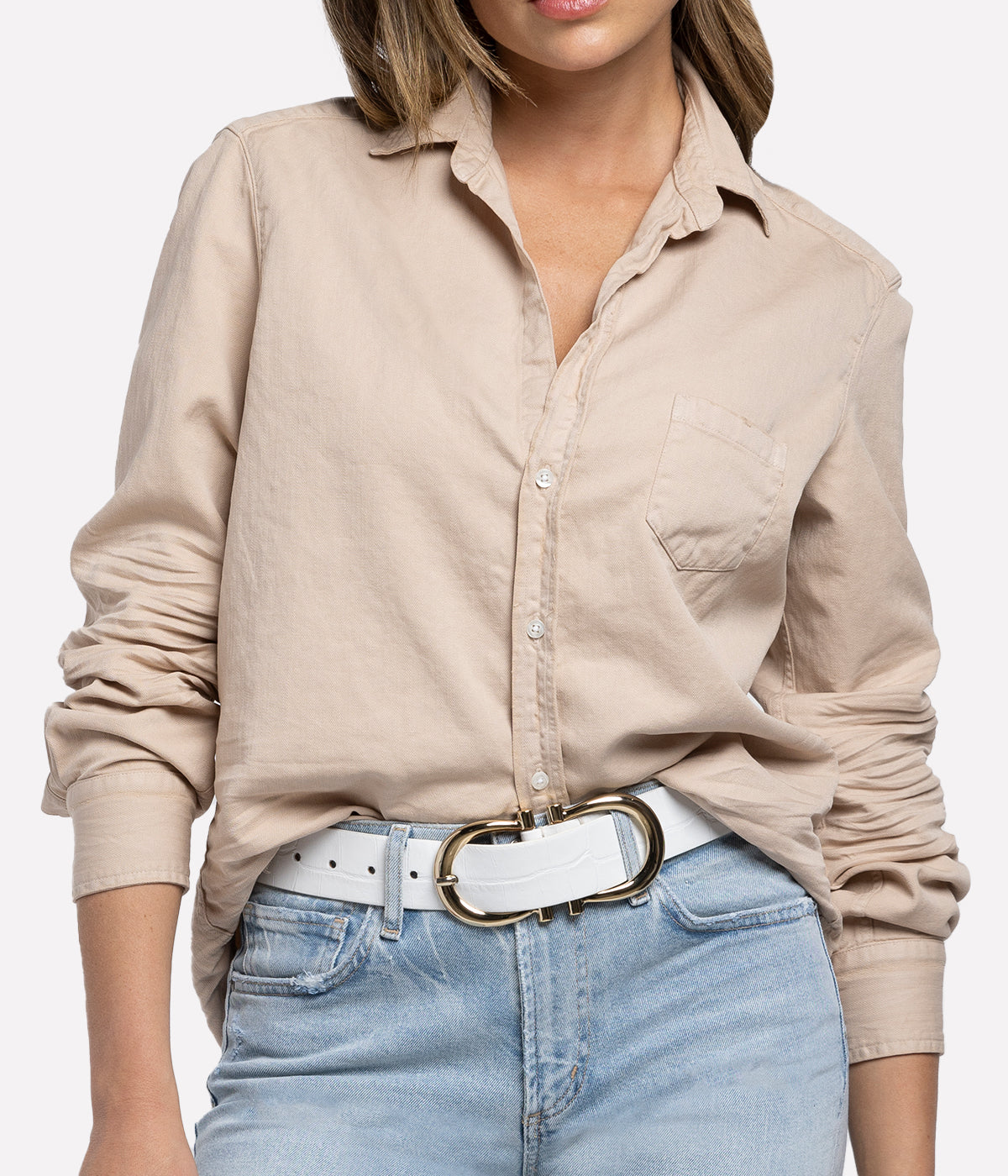 Eileen Woven Button Up in Sand Tattered Denim