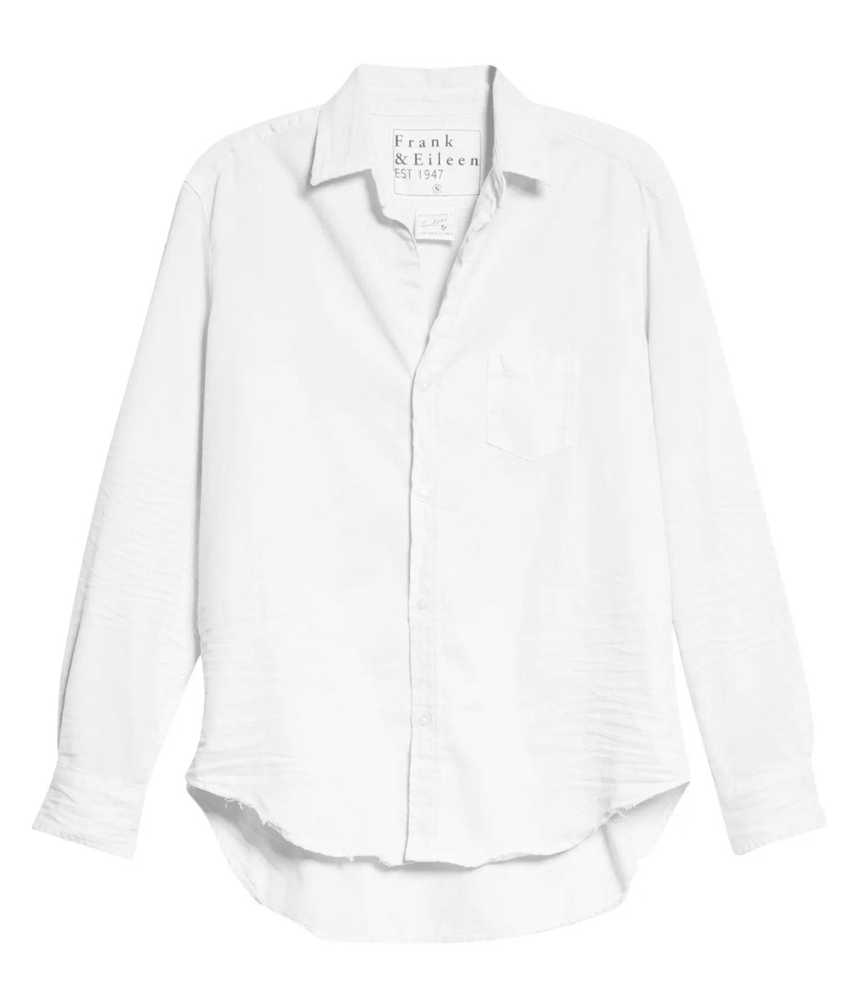 ALT TEXT: Frank &amp; Eileen Eileen shirt in white with a relaxed fit and dipped hem, made from Italian cotton.