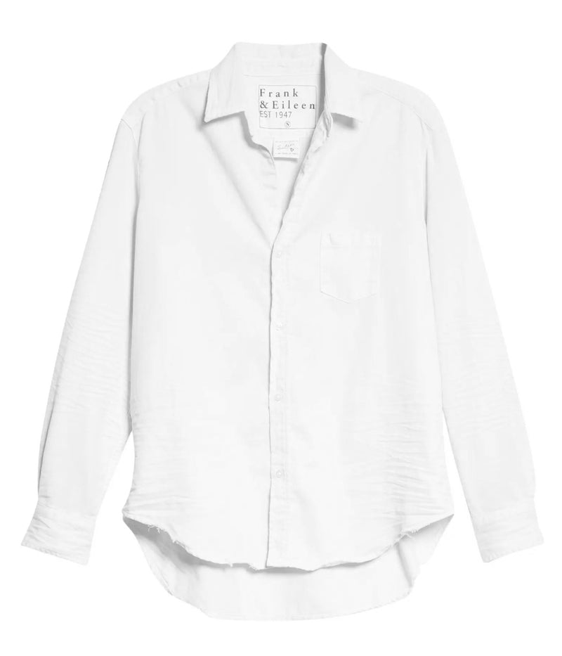 ALT TEXT: Frank &amp; Eileen Eileen shirt in white with a relaxed fit and dipped hem, made from Italian cotton.