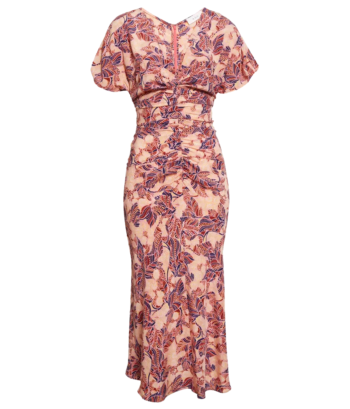 Image of a midi length, short sleeve ruched detail dress, with mod foliage print in pink, orange and blue. Featuring a V Neck line and zip up detail on back. 