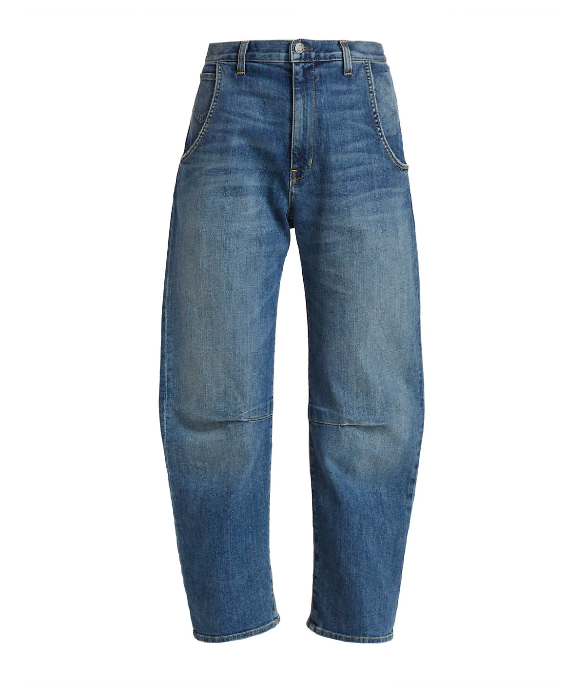 ALT text for images: Barrel silhouette jeans in faded blue denim, with tapered hems and utilitarian pockets, styled for a casual chic look.