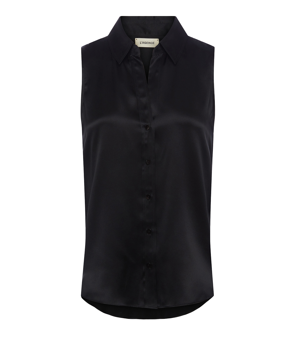 A sleeveless silk blouse, with collar detailing, classic relaxed fit and mother of pearl buttons. 100% silk, everyday top, workwear, throw on and go, bra friendly, made in USA. 