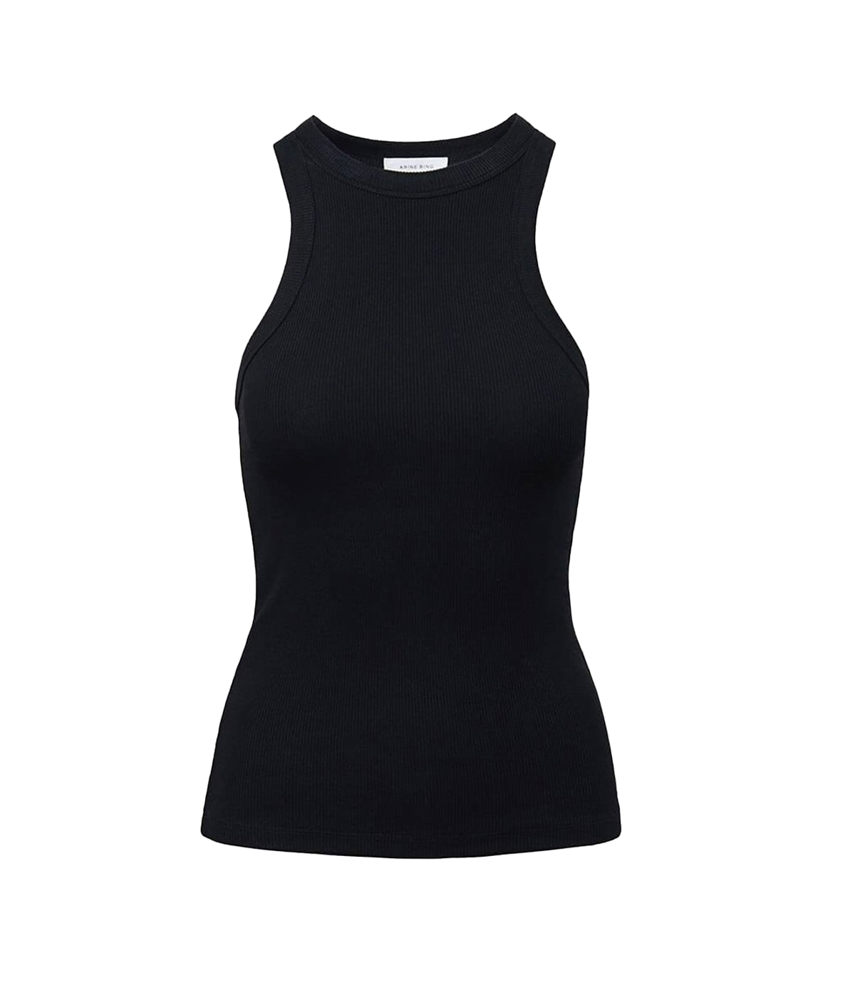 ALT text: Slim-fitting Eva Tank in ribbed knit with a high crew neckline, perfect for layering or wearing solo.
