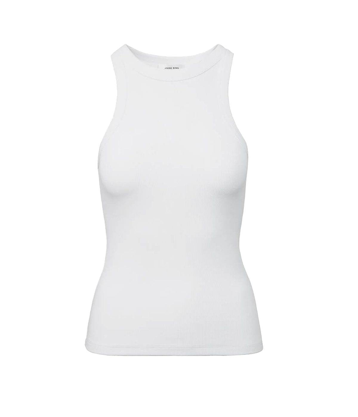 ALT text: Eva Tank in a slim-fitting ribbed knit with a high crew neckline, a versatile layering staple for any wardrobe.