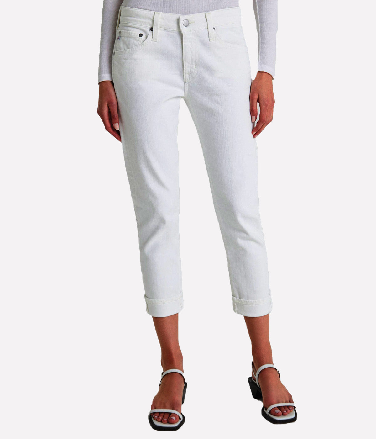 Ex-Boyfriend Slim Jean in 1 Year Tonal White, featuring a relaxed slim fit, mid-rise waist, and clean white denim with subtle tonal detailing for a modern, versatile look.
