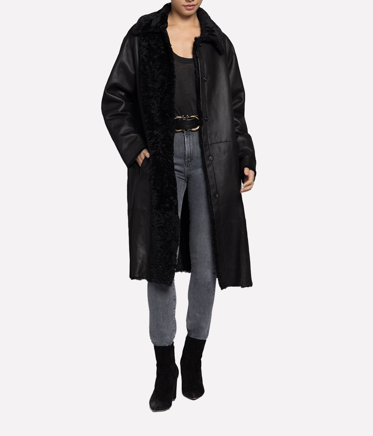 Ricamo Coat with Belt in Nero