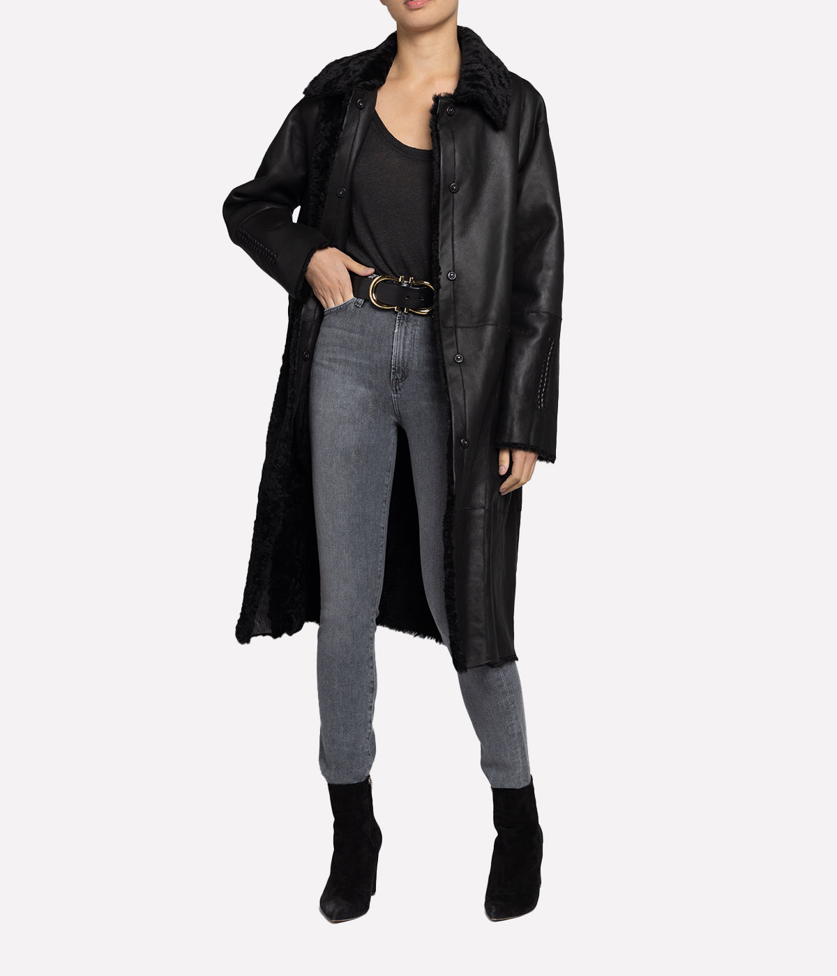 Ricamo Coat with Belt in Nero