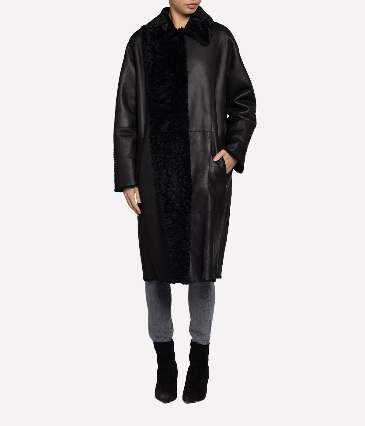 Ricamo Coat with Belt in Nero