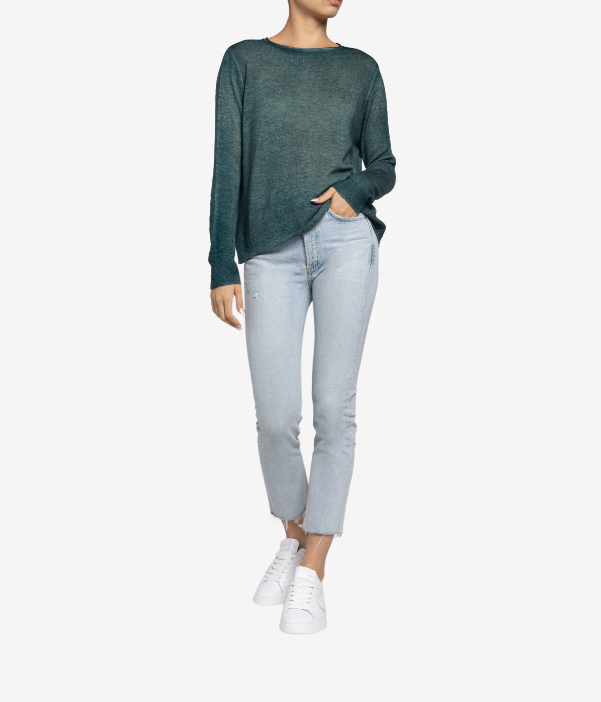 Light Cashmere Gauge Round Neck Pullover in Forest