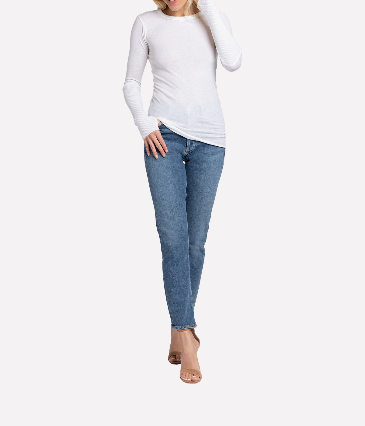 Cashmere Crew Neck Fitted Long Sleeve Top in White