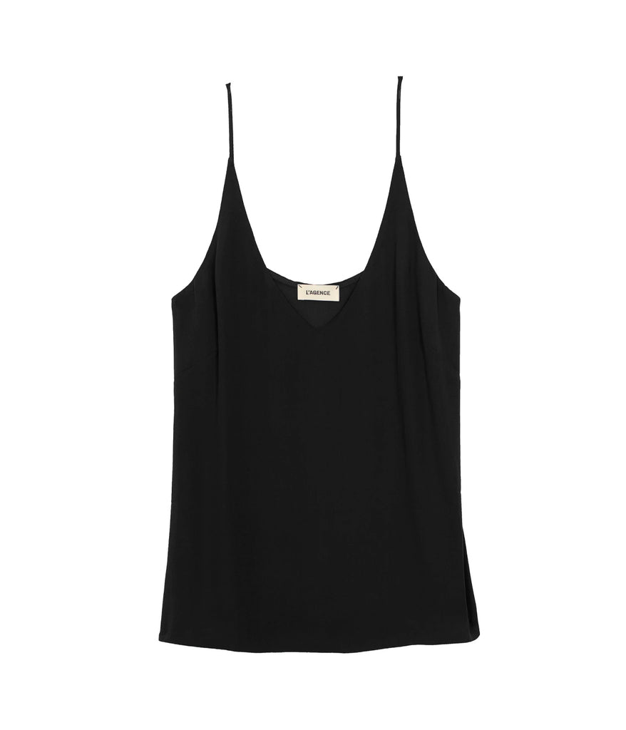 An opaque black camisole with a soft matte finish. The relaxed shape drapes from a soft scoop u shaped neckline, secured by adjustable spaghetti straps. Constructed using two layers of silk for complete coverage, sustainable, date night top, throw on and go, made in California, bra friendly. 