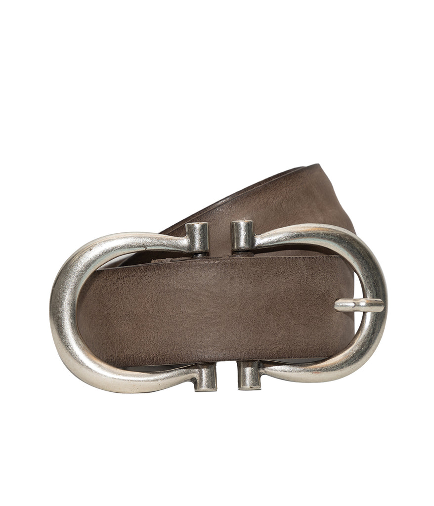 womens designer leather belt featuring a double horsehoe buckle