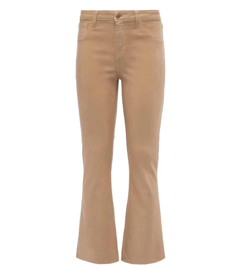 Image of a high-rise cropped flare coated jean in a beige, chic flare hem raw hem and 5-pocket construction, zip fly closure. Premium denim, crop jean, flare jean, everyday jean, throw on and go, made in USA. 