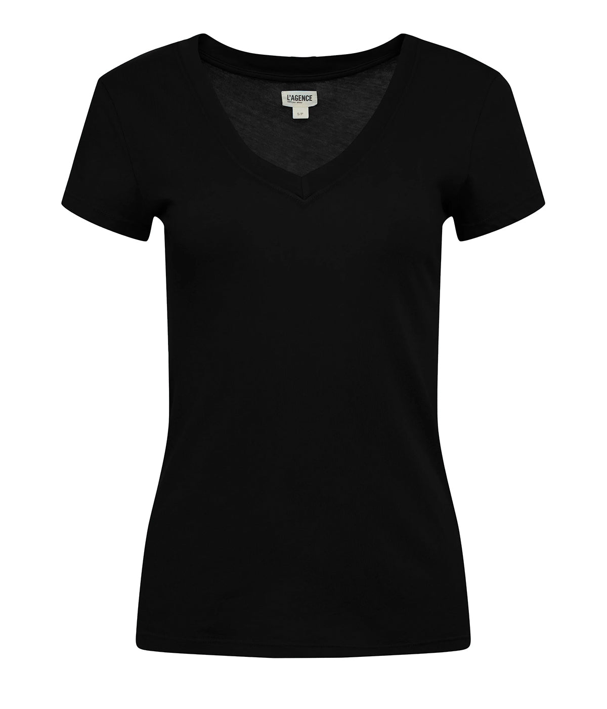 Image of a classic basic black cotton t-shirt, with a v neckline, short sleeve and relaxed fit. Back to basics, everyday tee, cotton, throw on and go, 100% cotton, bra friendly, made in usa. 