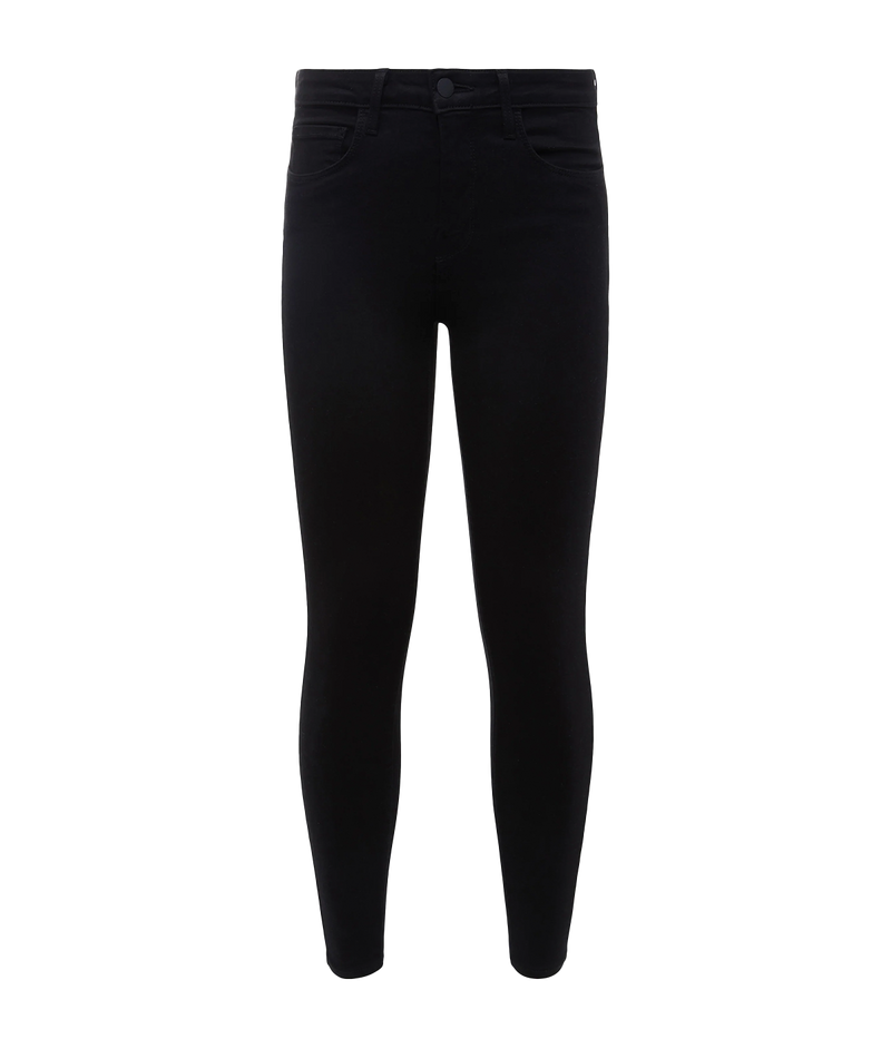 Image of a classic black denim skinny jean, with a tapered leg, leather pants, silver hardware, skinny fit. Everyday jean, coated denim, made in USA, date night outfit. 