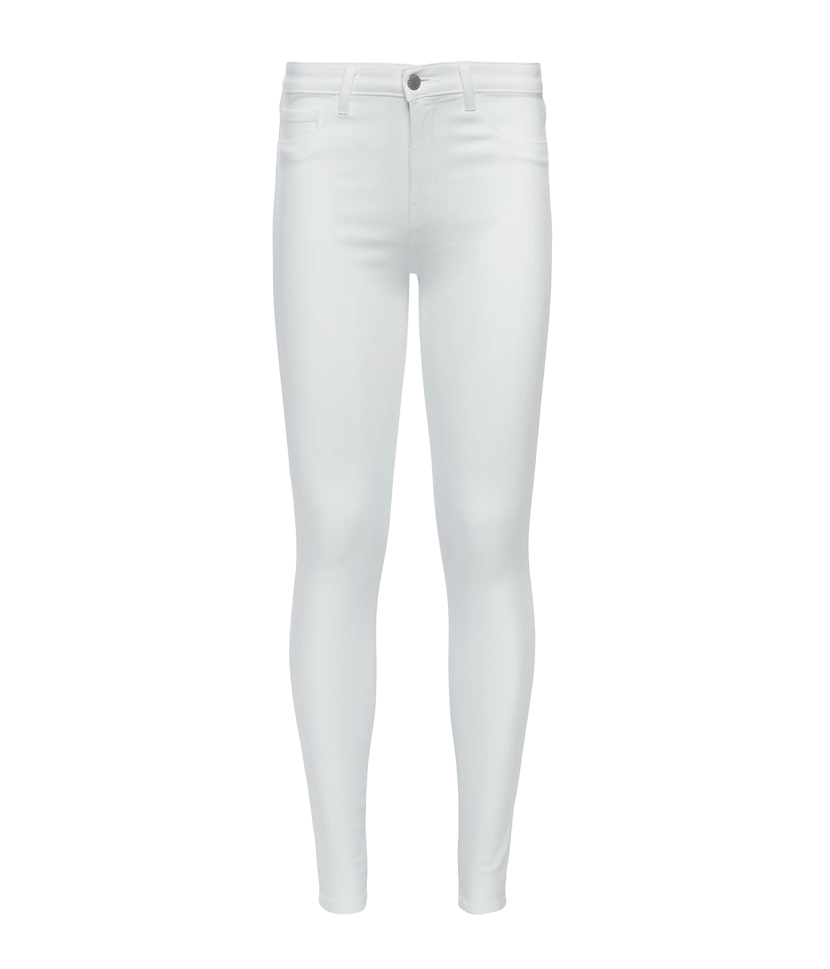 Image of a true white denim coated skinny leg jean, featuring a button and zip closure with silver hardware and belt loop holes.   