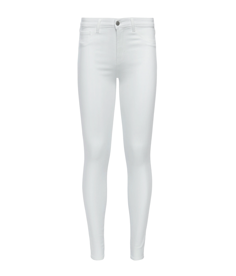 Image of a true white denim coated skinny leg jean, featuring a button and zip closure with silver hardware and belt loop holes.   