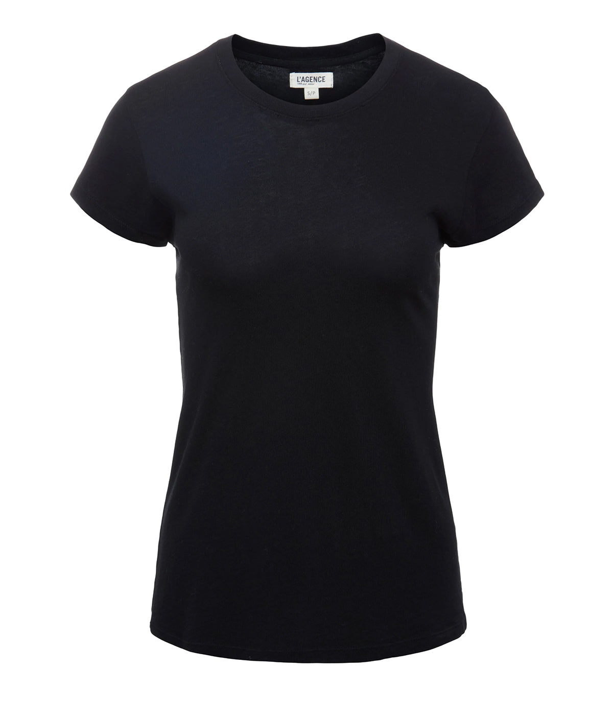 Image of a classic basic black cotton t-shirt, with a v neckline, short sleeve and relaxed fit. Back to basics, everyday tee, stretchy cotton, throw on and go, 100% cotton, bra friendly, made in usa. 