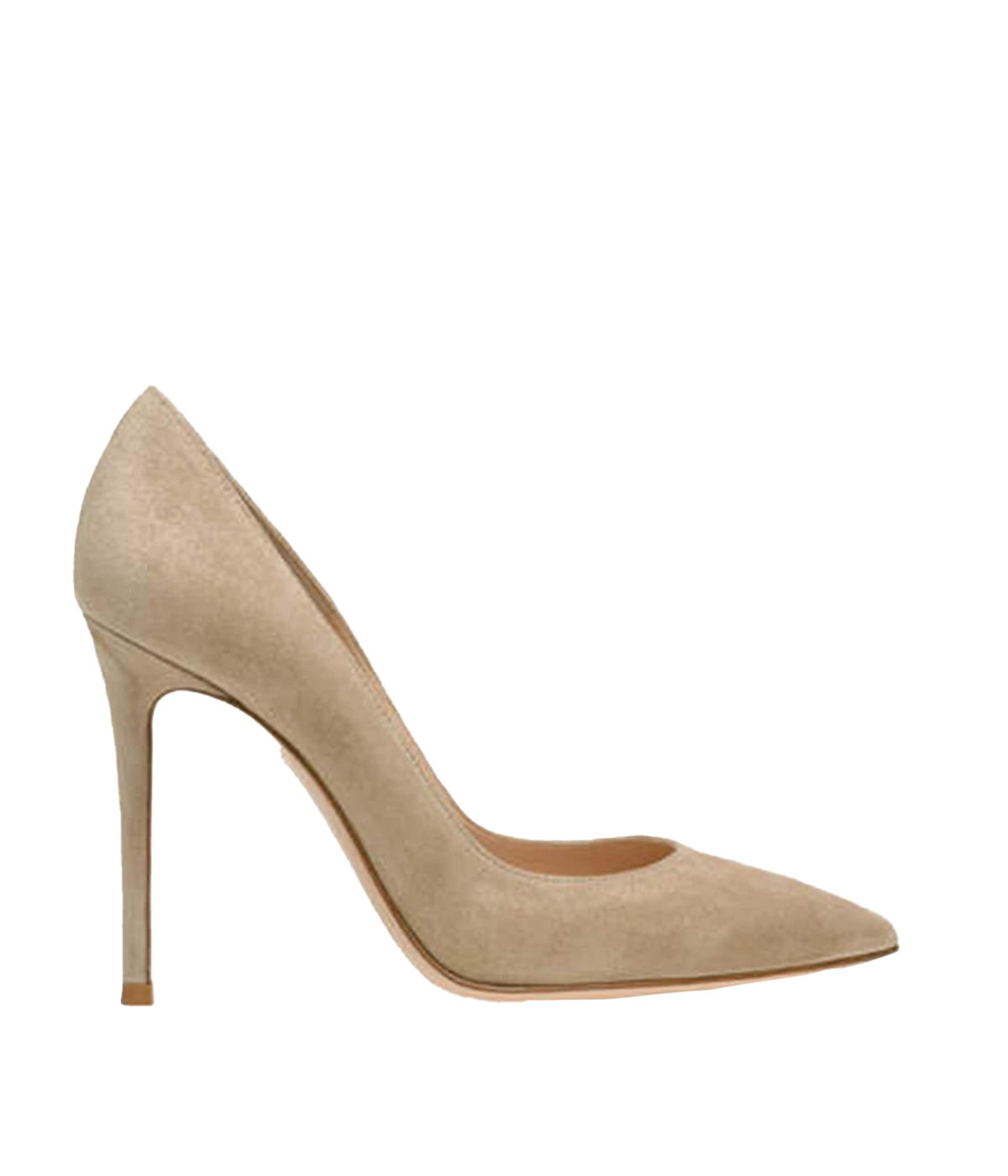Image of a 105mm suede leather nude pump, featuring a pointed toe and beige protective base. 