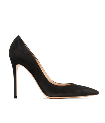 Image of a black suede 105mm pump. Featuring a pointed toe and beige sole. 