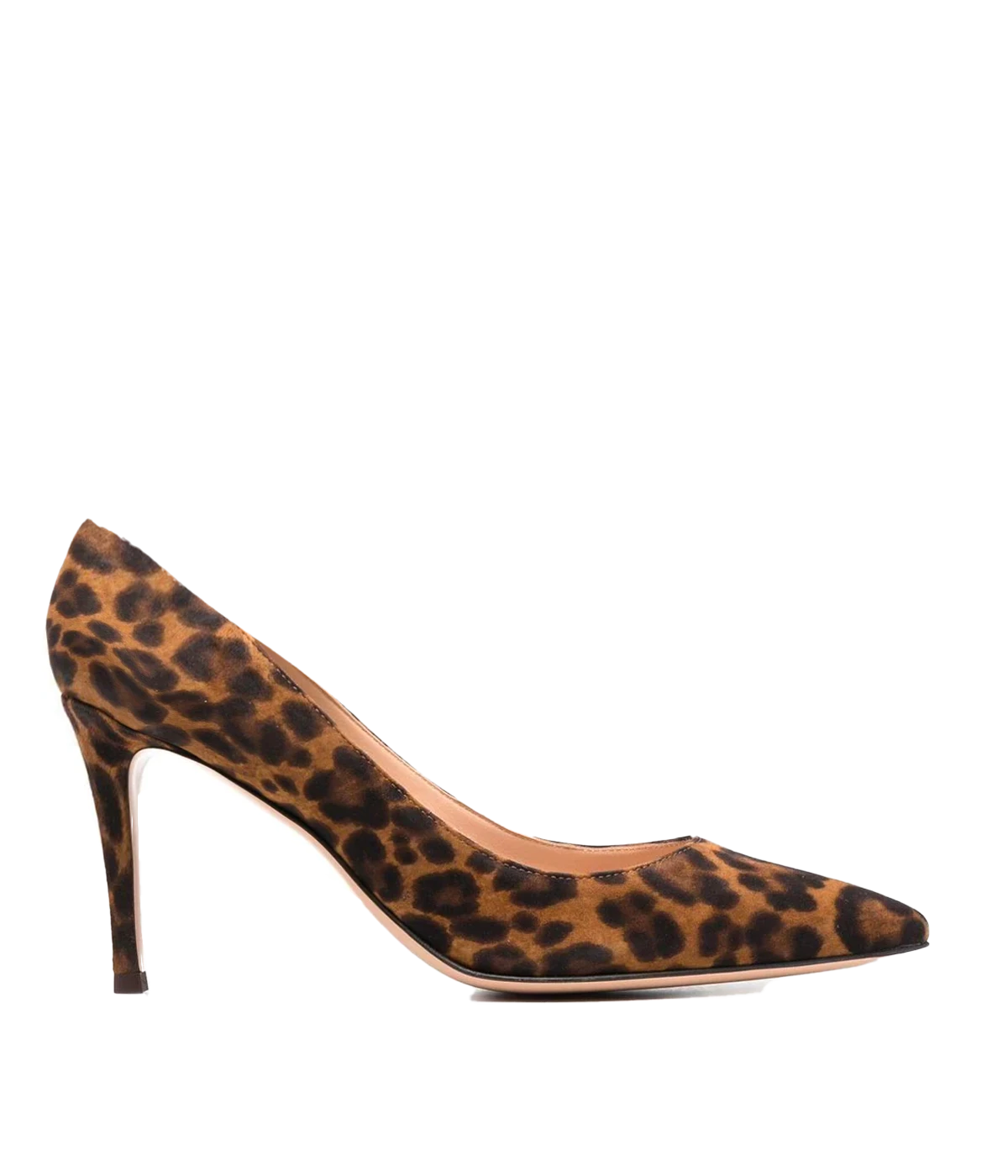Image of a 85mm leather pump, in a leopard print. Featuring a pointed toe and beige sole.