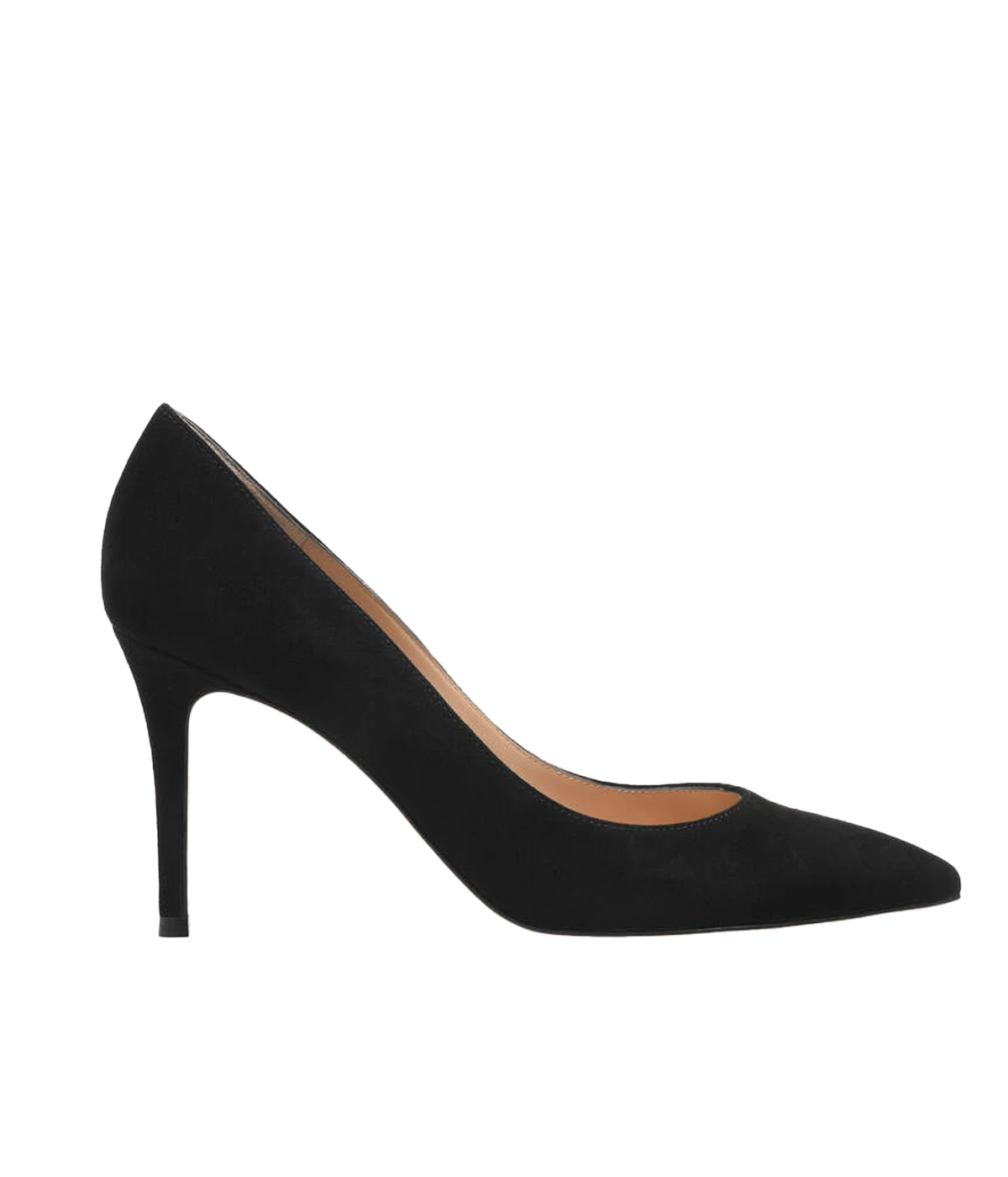 Image of a black suede 85mm pump. Featuring a pointed toe and beige sole. 