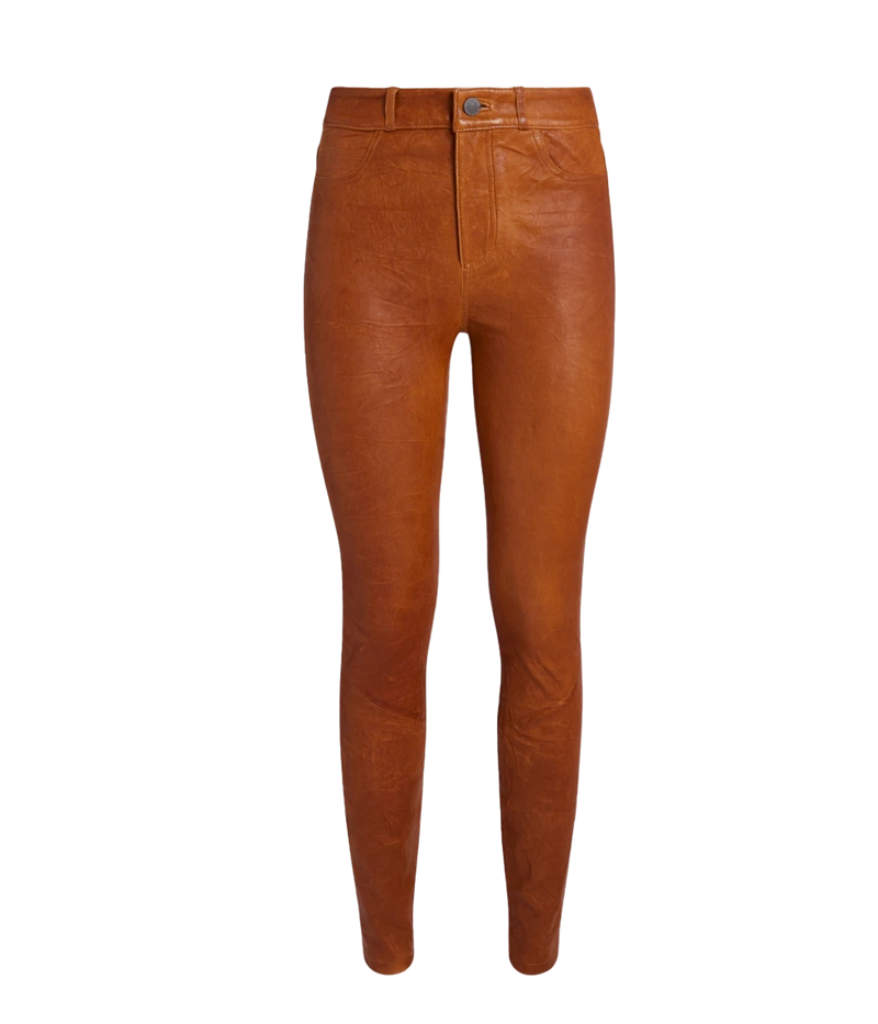 High-rise leather skinny pants in deep brown, crafted from 100% lamb leather bonded with stretch-cotton, featuring a subtly wrinkled texture.