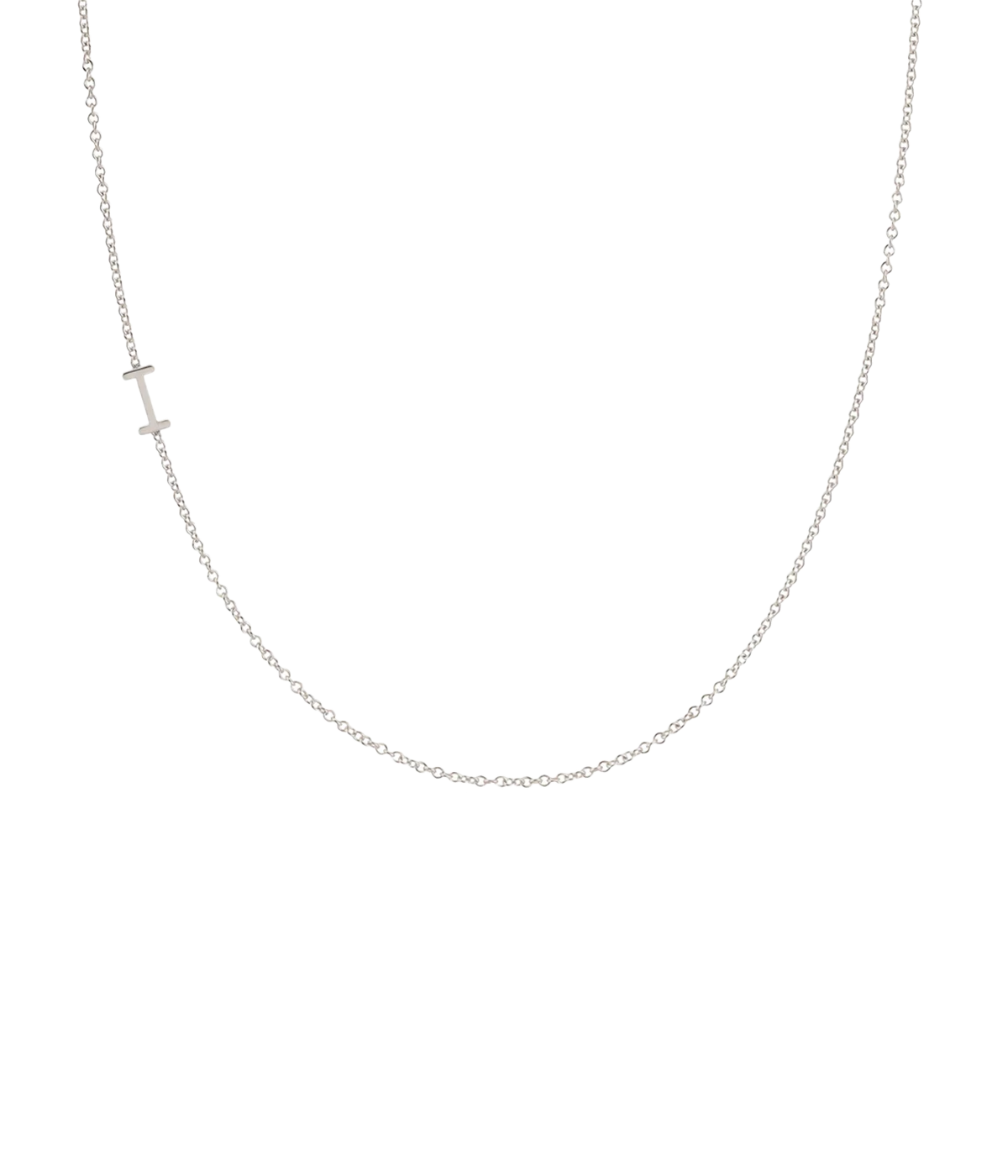 ALT text for images: Delicate 14K white gold necklace with personalised initial pendant, styled for everyday wear.