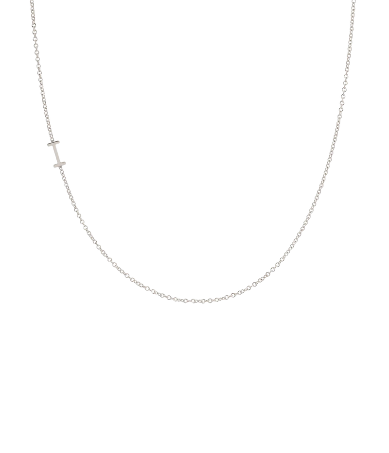 ALT text for images: Delicate 14K white gold necklace with personalised initial pendant, styled for everyday wear.