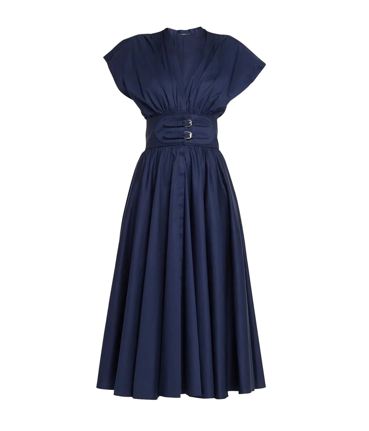  Image of a navy blue cotton mdi dress, featuring a cap sleeve detail, v neck and belt buckle at the waist. Long Lunch, drinks with girlfriends, date night dress, American designer, throw on and go, light weight cotton, summer dress, work wear. 