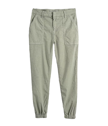 Image of a sage green high rise utility style jogger, with a linen feel, statement utility pockets, elasticated cuff, hook and eye fastening. 