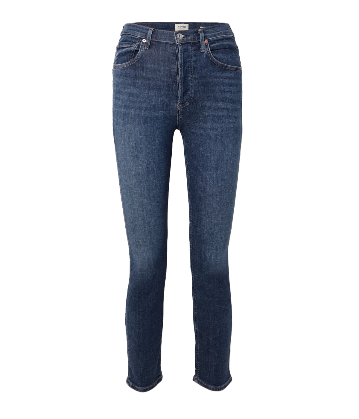 Image of a high-rise and slim-leg dark denim wash jean, with vintage inspired whiskering, cuffed hem, button and zip closure and gold hardware.