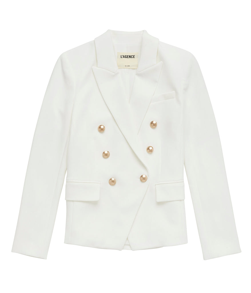 An everyday classic white double breasted blazer, with gold hardware, strong shoulders, peaked lapels, seamed flap pockets, and a fitted, tapered waist. Workwear, everyday basic, timeless, chic, trendy, made in USA. 