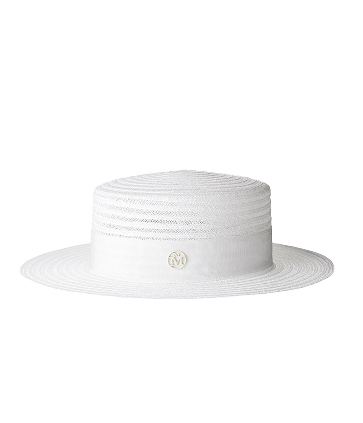 Crafted from woven hemp, this timeless white canotier hat has a flat top and brim. Perfect for a day at the races or the polo. 