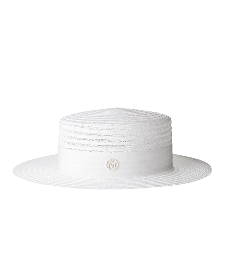Crafted from woven hemp, this timeless white canotier hat has a flat top and brim. Perfect for a day at the races or the polo. 