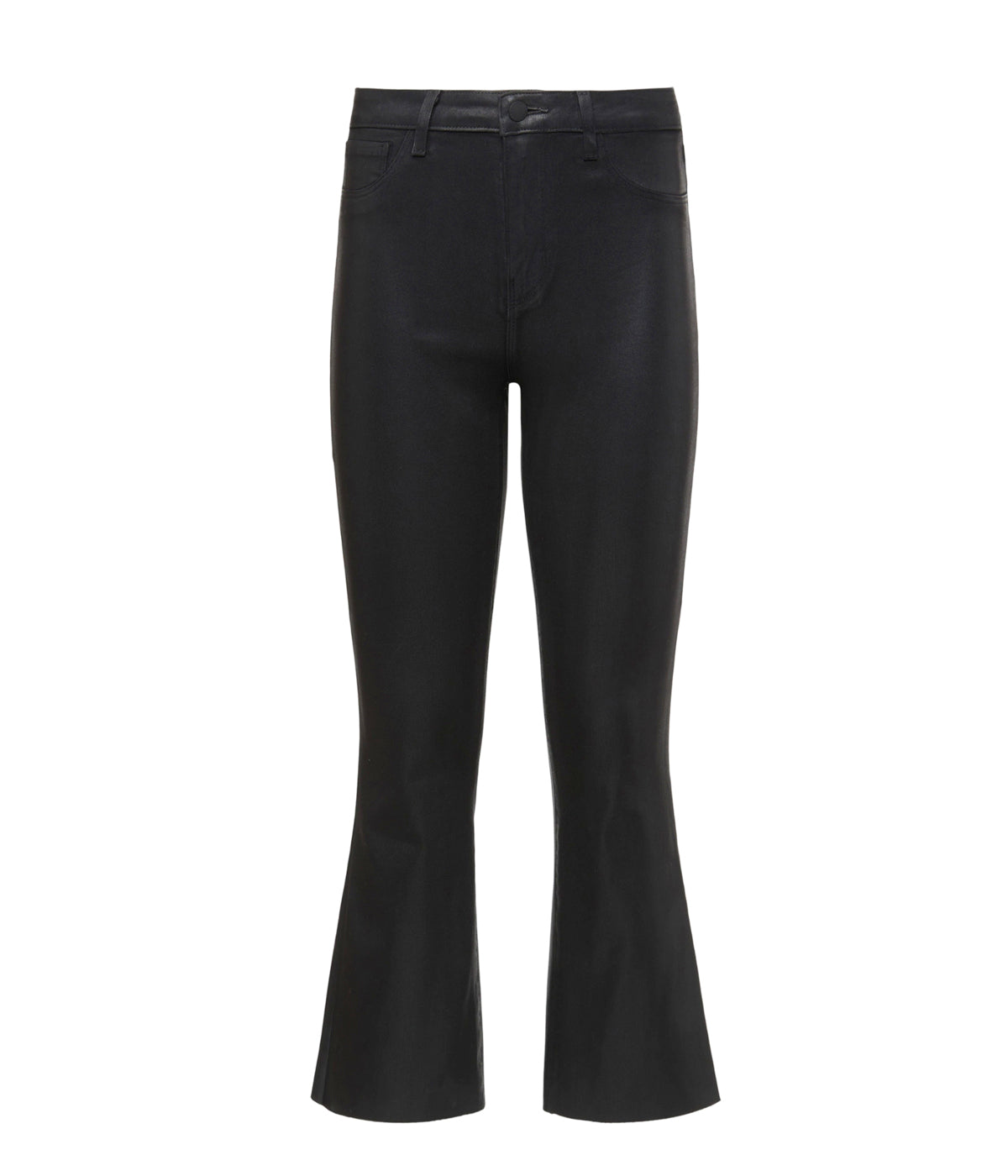 A cropped flared hem coated black denim jean, with black hardware, lustrous premium coated denim, date night jean, elevated jean, comfortable, made in California, coated denim. 