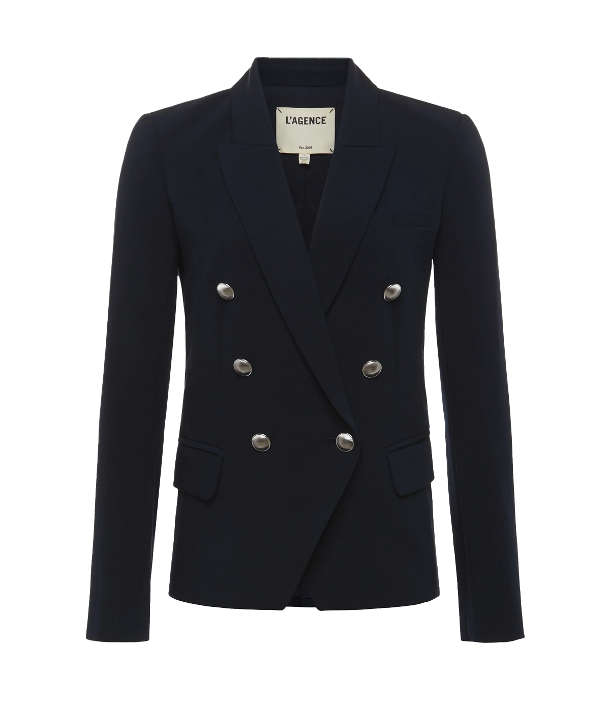 Image of a classic chic navy blazer, with double breasted button closure, cotton, strong shoulders, peaked lapels, flat pockets. Workwear, basic blazer, classic look, made in USA.  