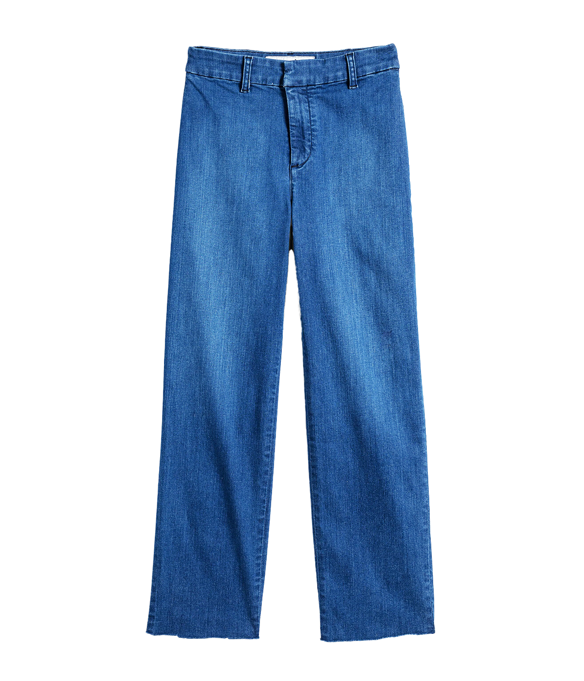 Image of a wide leg jean material pant with stretchy high-rise waistband and raw hem detail in a washed indigo colour and hook and eye zip closure. 