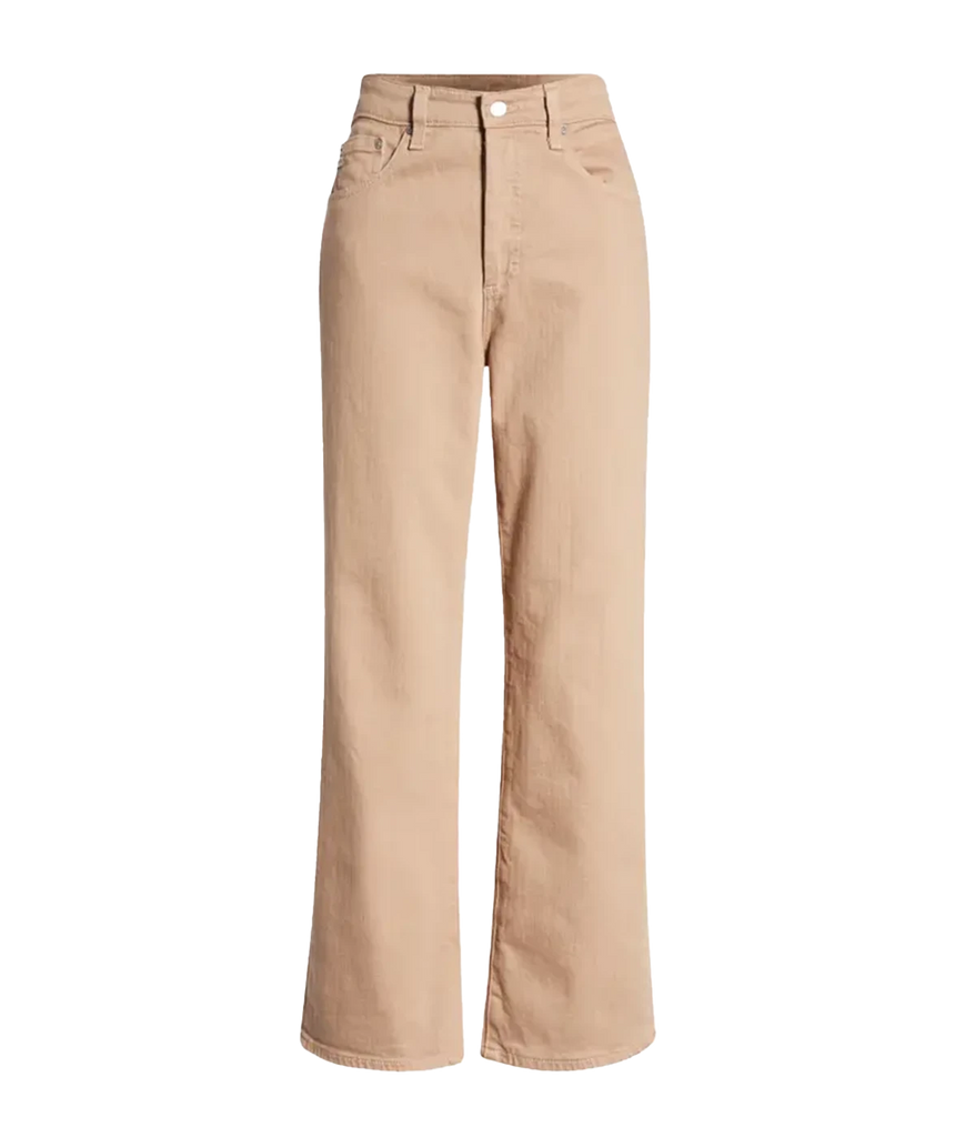 Image of a ultra-high waist caramel coloured jean, with a full leg and ankle cropped hem. Featuring a button and fly detailing. 