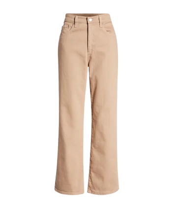 Image of a ultra-high waist caramel coloured jean, with a full leg and ankle cropped hem. Featuring a button and fly detailing. 