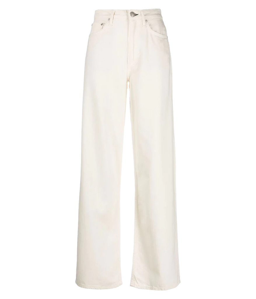Image of a full length high waist wide leg cotton jean in a ecru colourway, with a zip and button closure. 