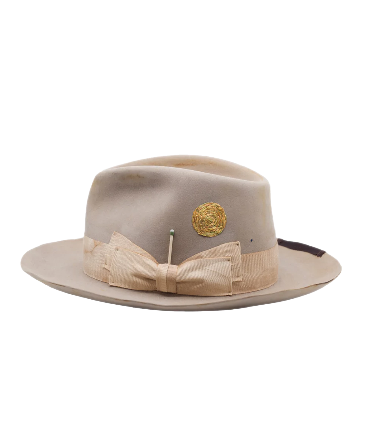 Image of a western style washed grey style hat, featuring Nick Fouquet signature match stick, multicolour thread swirl, patch detailing and flanged brim in 100% felt. 