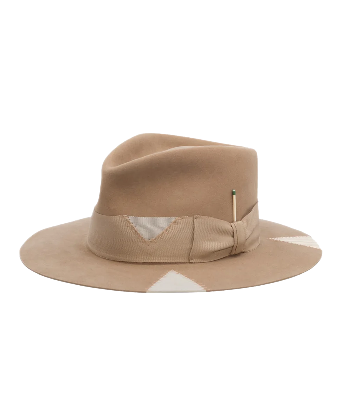 Image of a western style beige 100% felt hat. Featuring 3 triangle cutouts, frankenstein stitching, a flat brim and signature Nick Fouquet Match. 